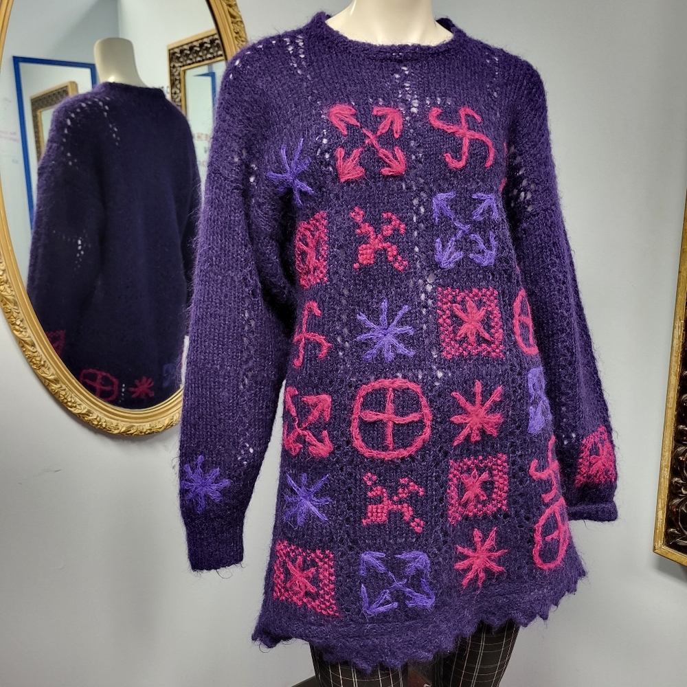 Vintage Express hand knitted mohair sweater tunic geometric pattern S vtg